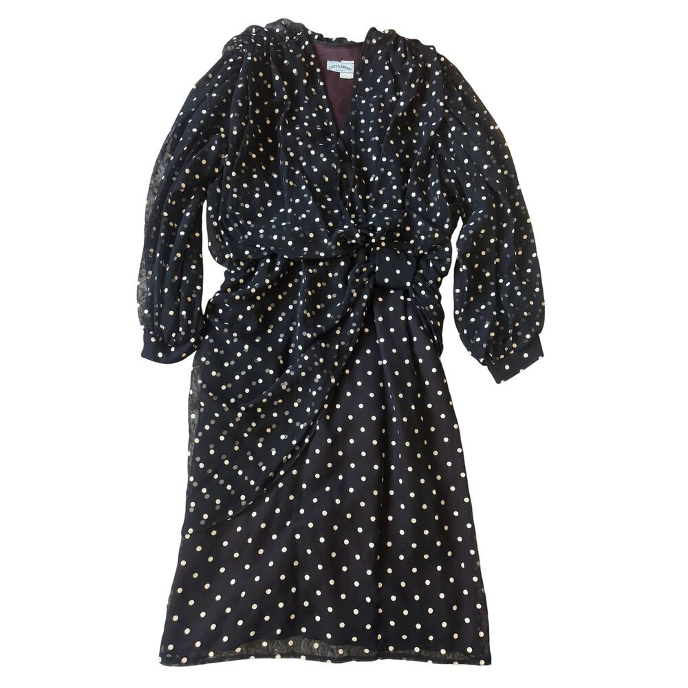 Vintage | Black + White Polka Dot Faux Wrap Chiffon Dress | Size 11/12